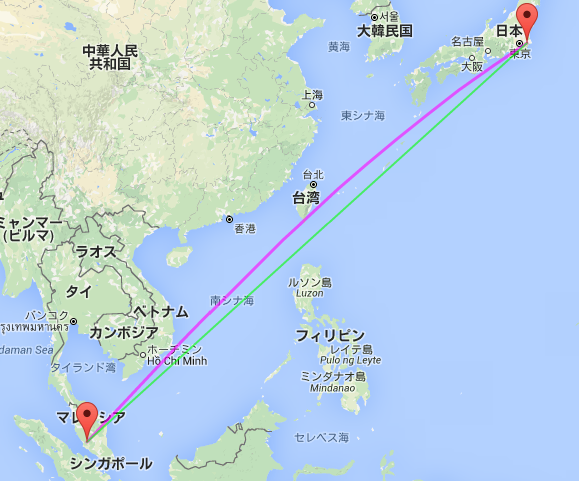 日本（成田）ーマレーシア（クアラルンプール）　：　大圏航路（紫）と等角航路（緑）