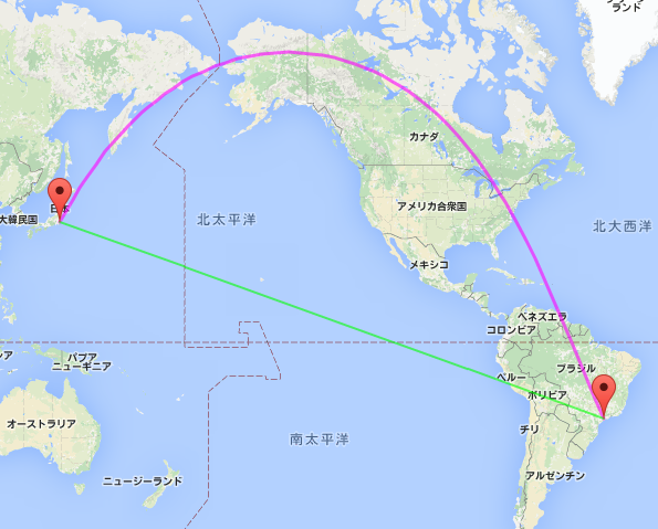 日本（成田）－ブラジル（サンパウロ）　：　大圏航路（紫）と等角航路（緑）